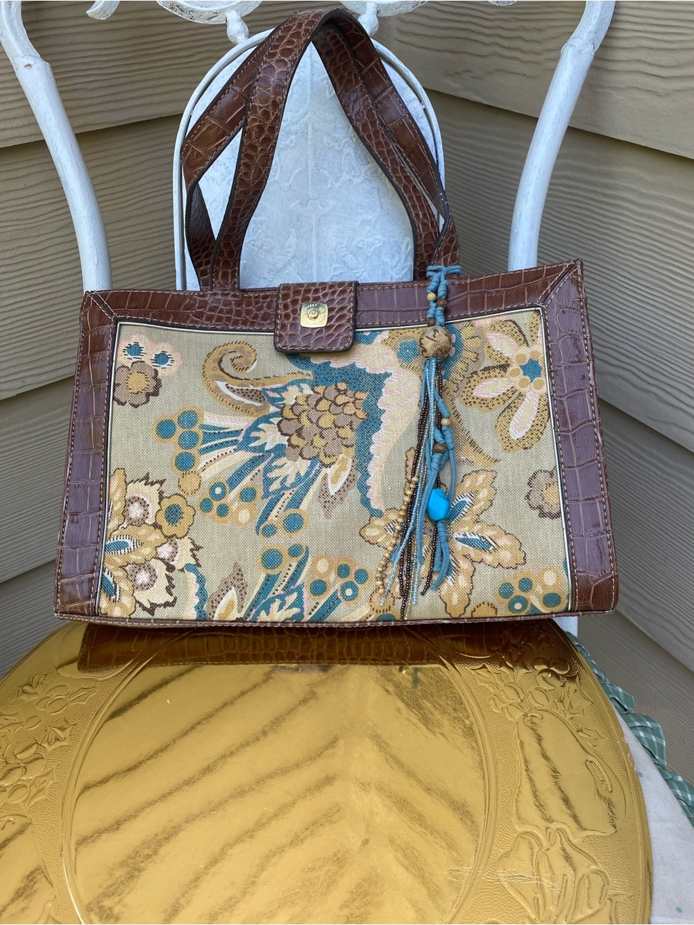 Brown & Teal Floral Liz Claiborne Tapestry Tote Bag